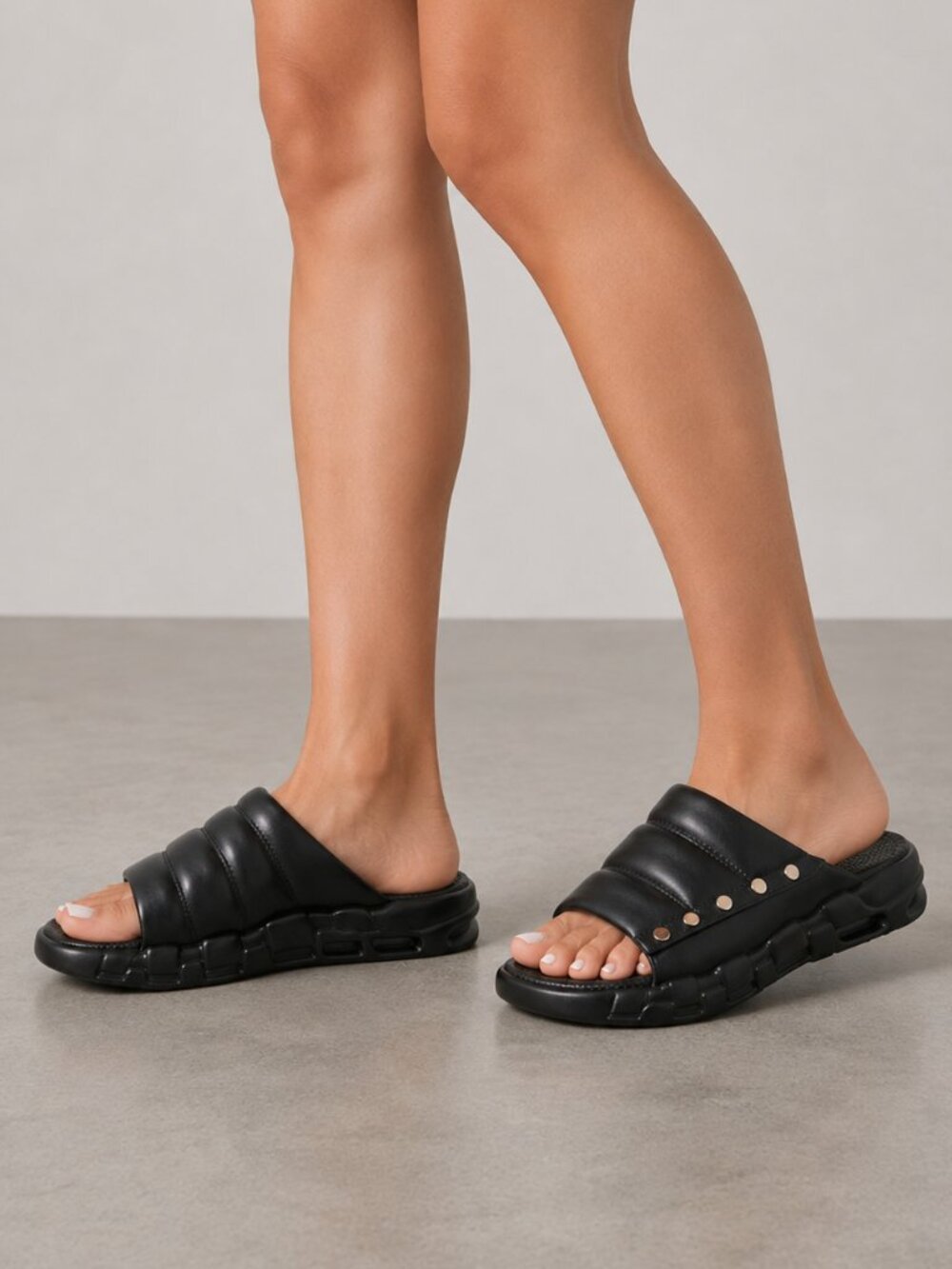 Women's Black Studded Puffy Platform Slide Sandals Slides, 9